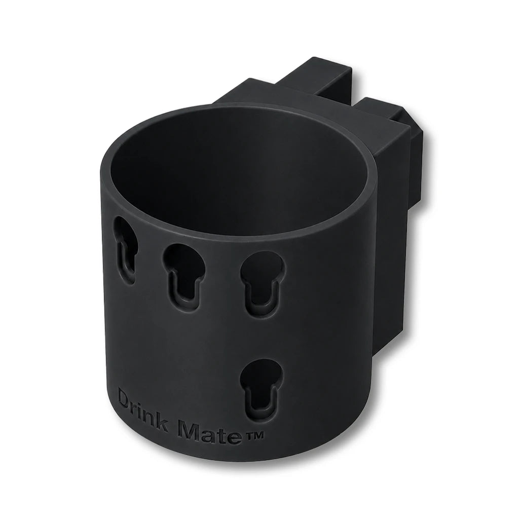 Drink Mate™ in black. Patented fence mounted cup holder.