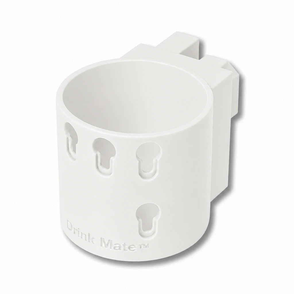 Drink Mate™ in white. Patented fence mounted cup holder.