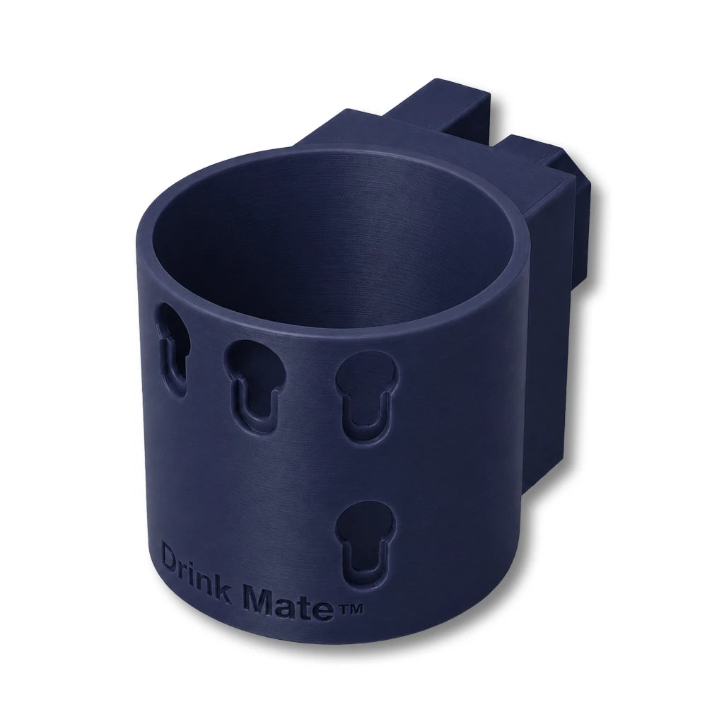 Drink Saver™ in dark blue. Patented fence mounted cup holder.