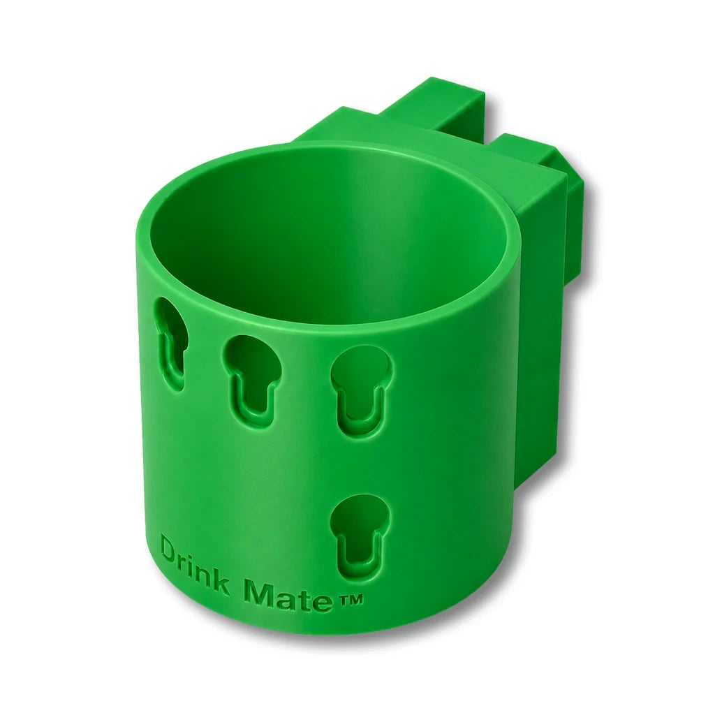 Drink Saver™ in green. Patented fence mounted cup holder.
