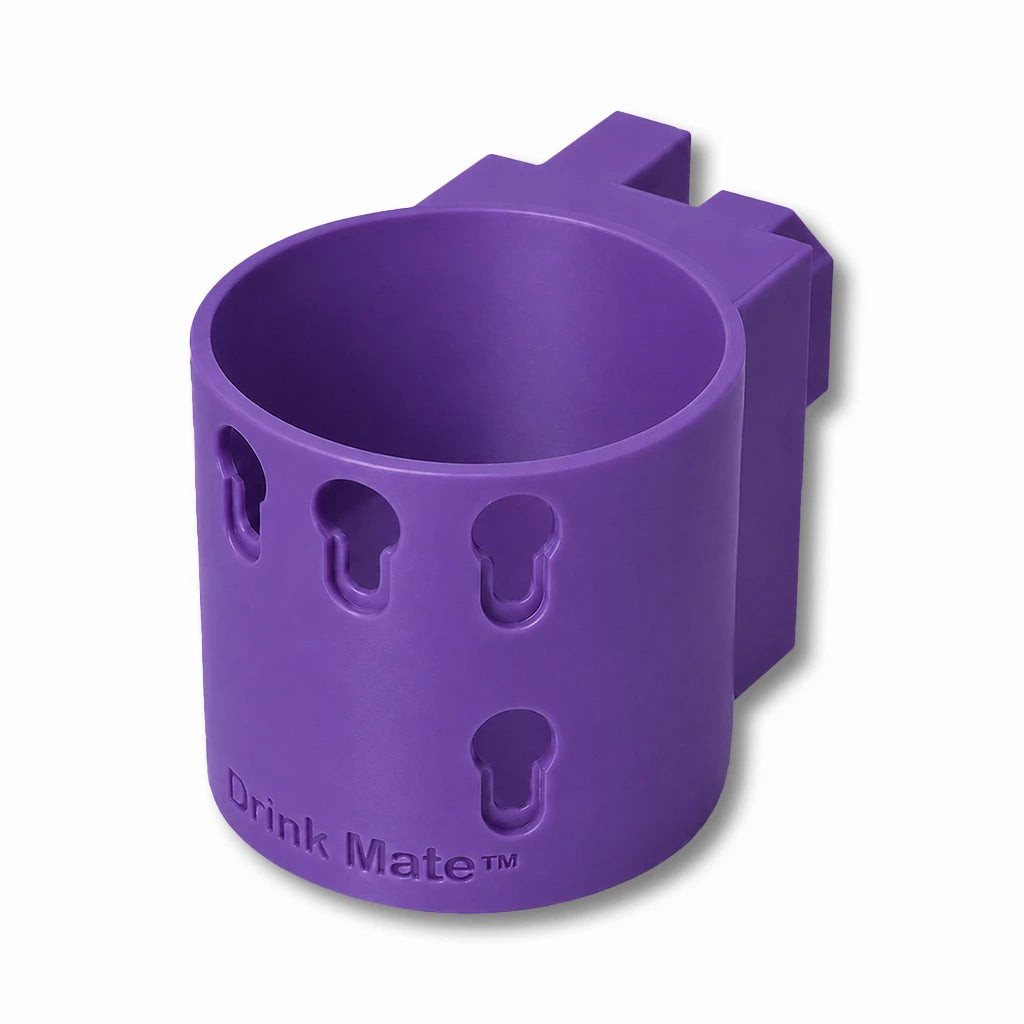 Drink Saver™ in purple. Patented fence mounted cup holder.