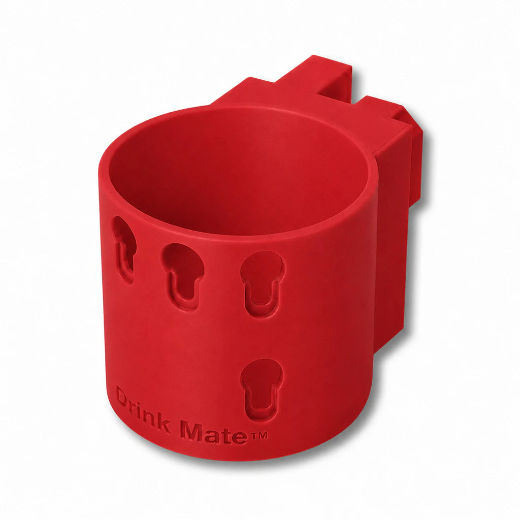 Drink Saver™ in red. Patented fence mounted cup holder.