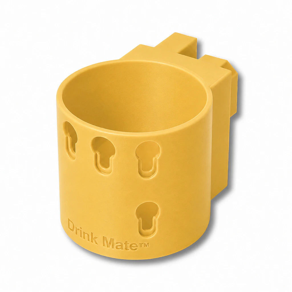 Drink Saver™ in yellow. Patented fence mounted cup holder.