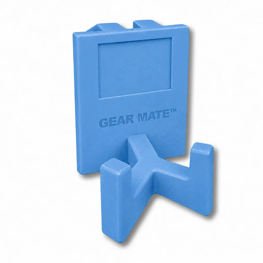 Gear Saver™ in light blue. Patented fence mounted equipment hanger.