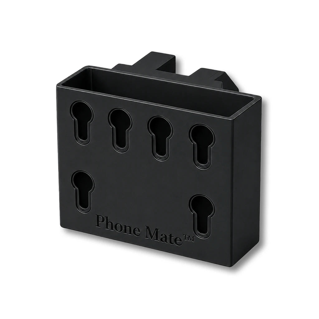 Phone Saver™ in black. Patented fence mounted phone cradle.