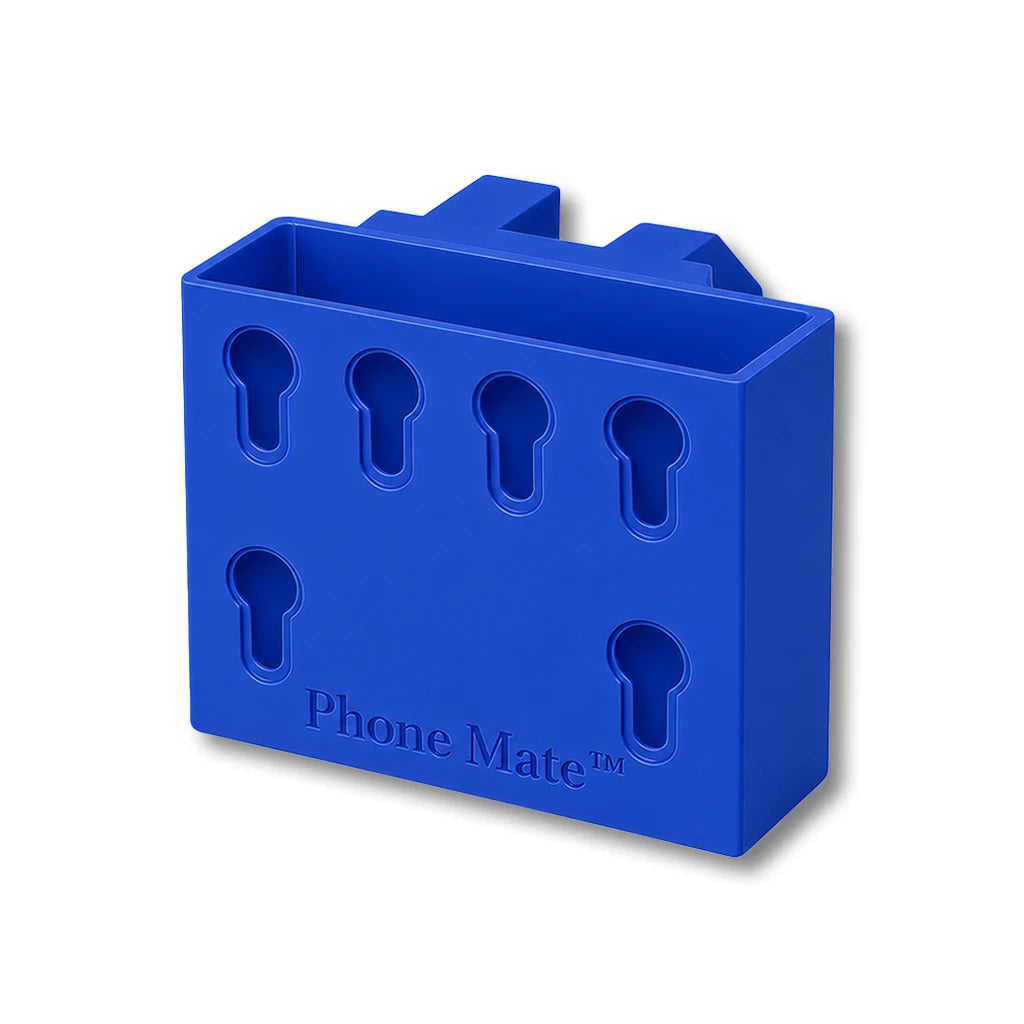 Phone Saver™ in blue. Patented fence mounted phone cradle.