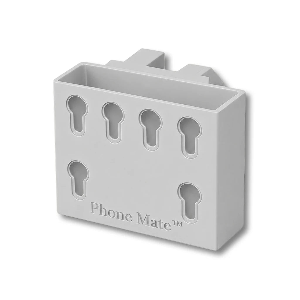 Phone Saver™ in gray. Patented fence mounted phone cradle.