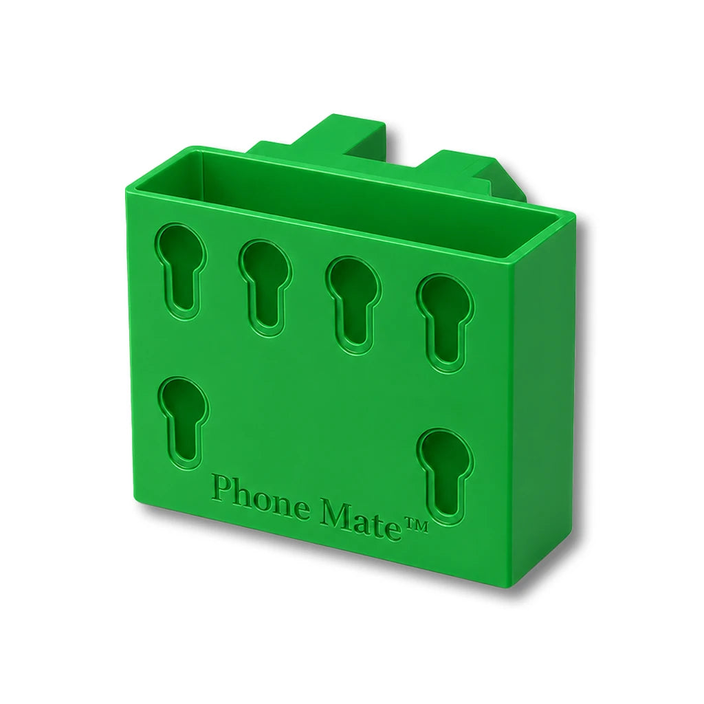 Phone Saver™ in green. Patented fence mounted phone cradle.