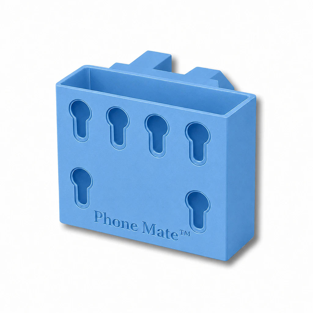 Phone Saver™ in light blue. Patented fence mounted phone cradle.