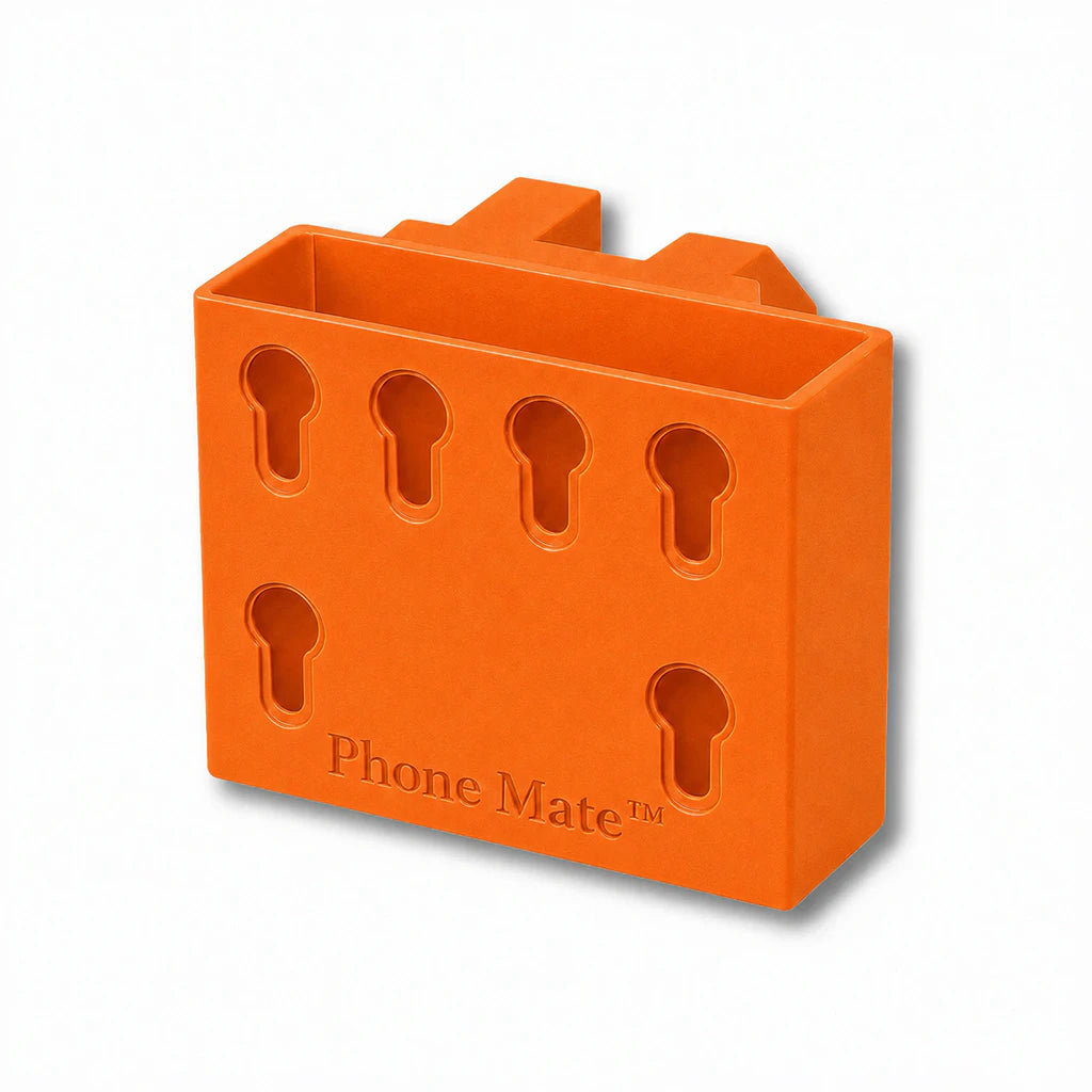 Phone Saver™ in orange. Patented fence mounted phone cradle.