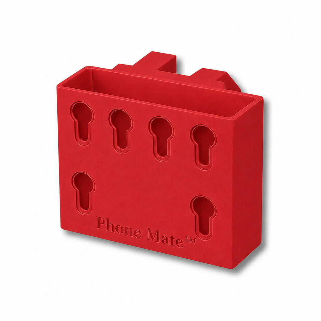 Phone Saver™ in red. Patented fence mounted phone cradle.
