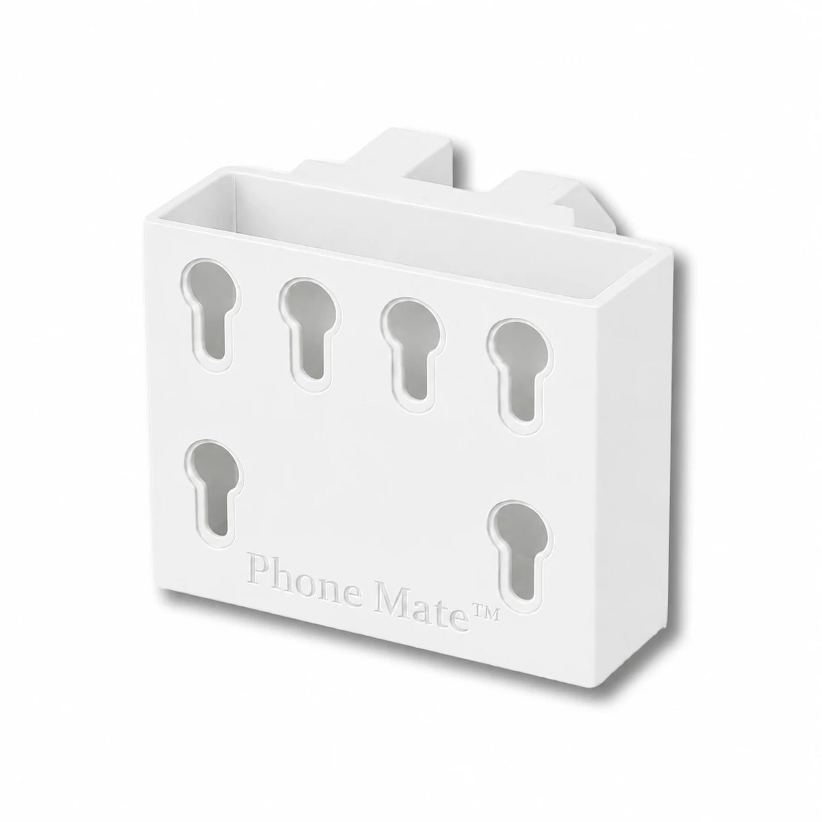 Phone Saver™ in white. Patented fence mounted phone cradle.